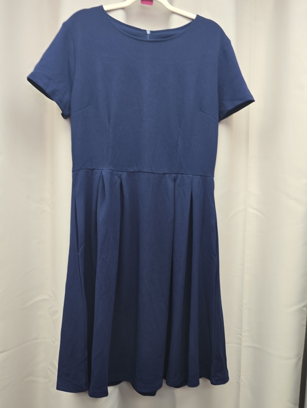 Womens Navy Blue Short-Sleeve Pleated Dress